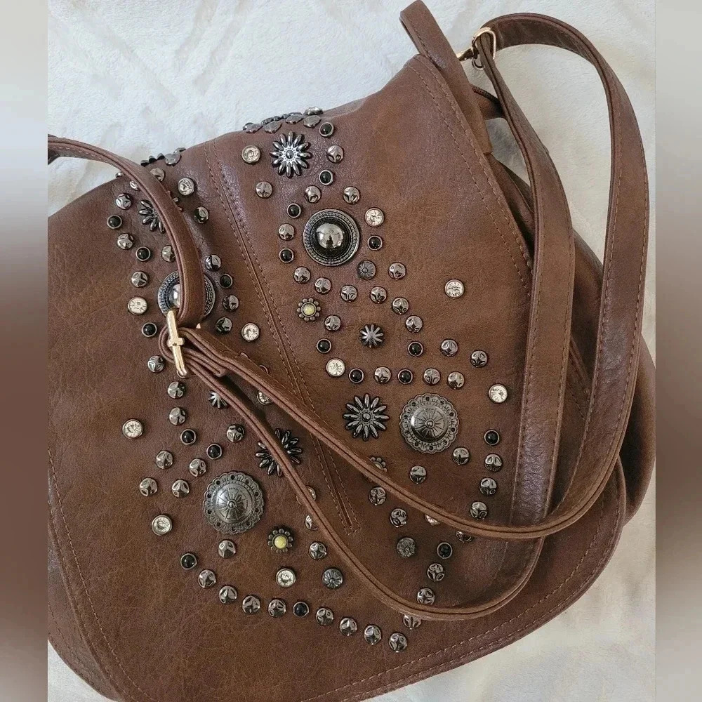 Cognac brown large Hobo studded flap rustic western cowgirl crossbody purse bag - Picture 13 of 14